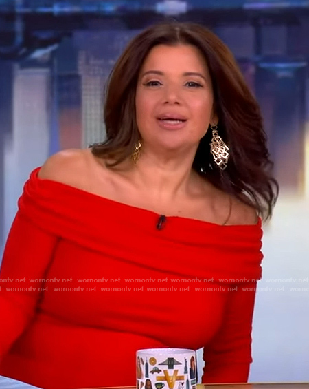 Ana’s red off shoulder top and floral skirt on The View