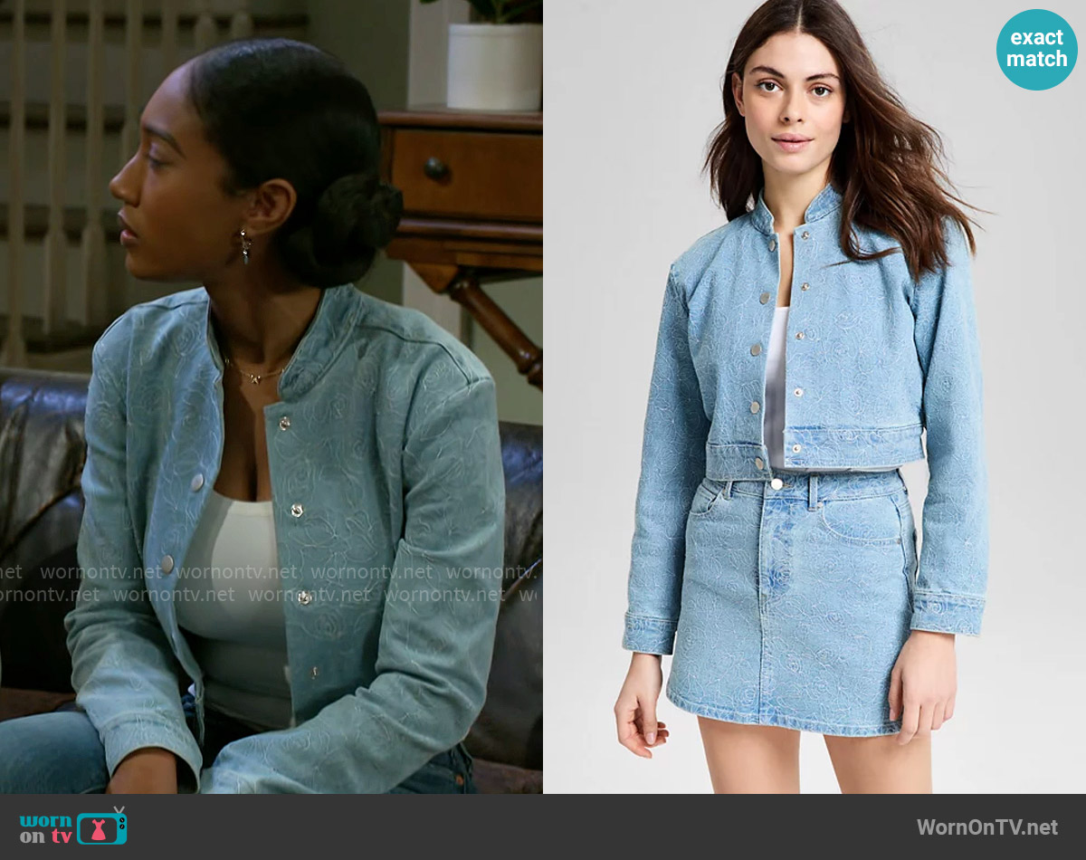 And Now This Floral-Embroidered Denim Jacket worn by Samantha Richardson (Najah Jackson) on Beyond the Gates