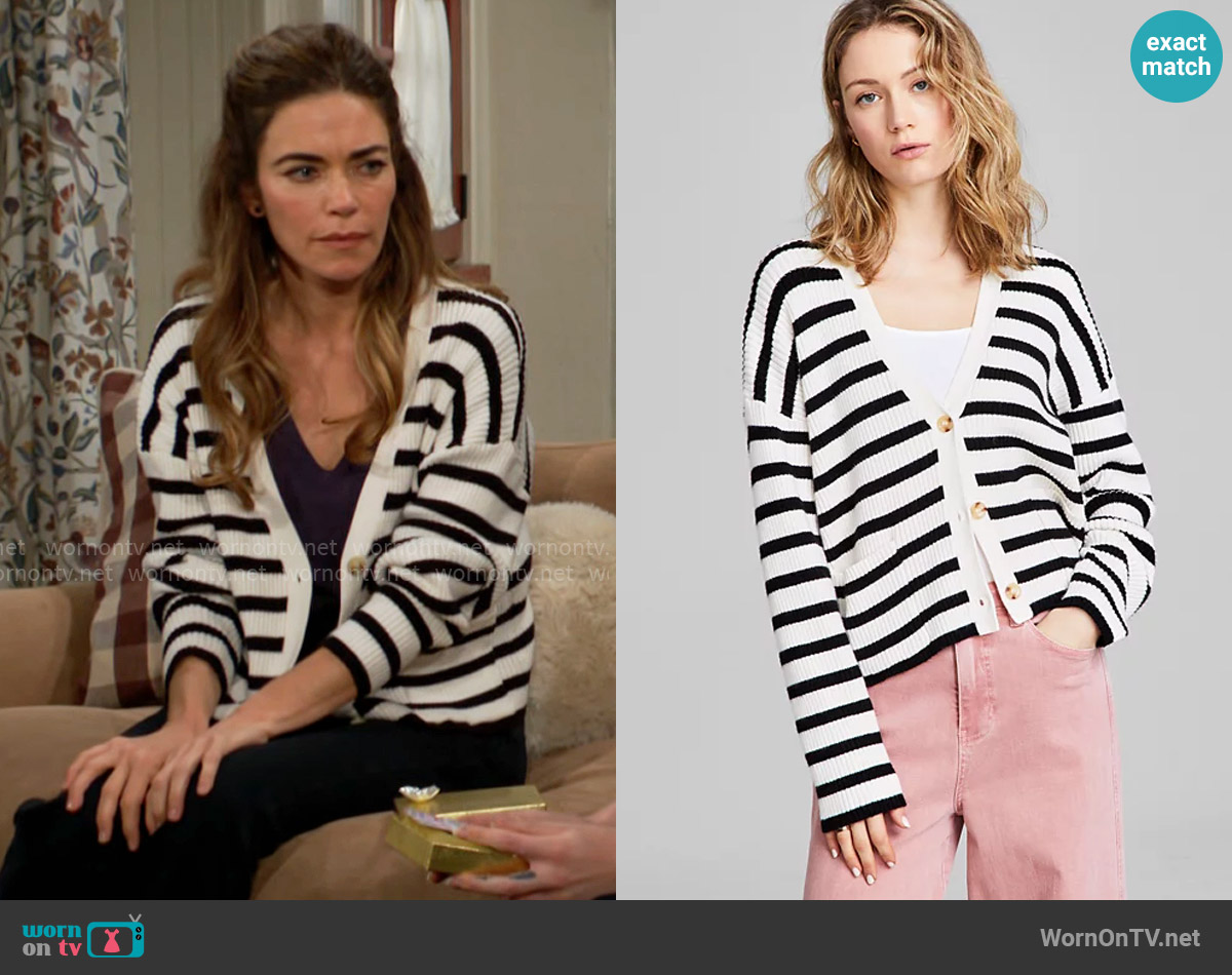 And Now This Striped Button-Front Dropped-Shoulder Cardigan worn by Victoria Newman (Amelia Heinle) on The Young and the Restless