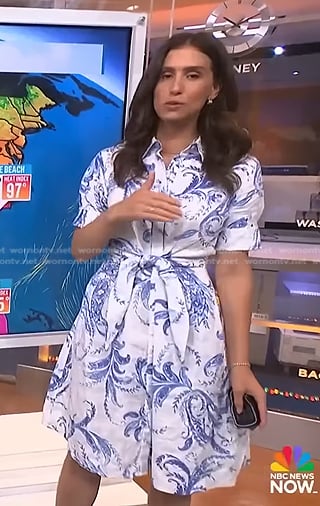 Angie Lassman’s white and blue print tie waist shirtdress on NBC News Daily