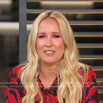 Anna Camp’s red print blouse on Access Hollywood