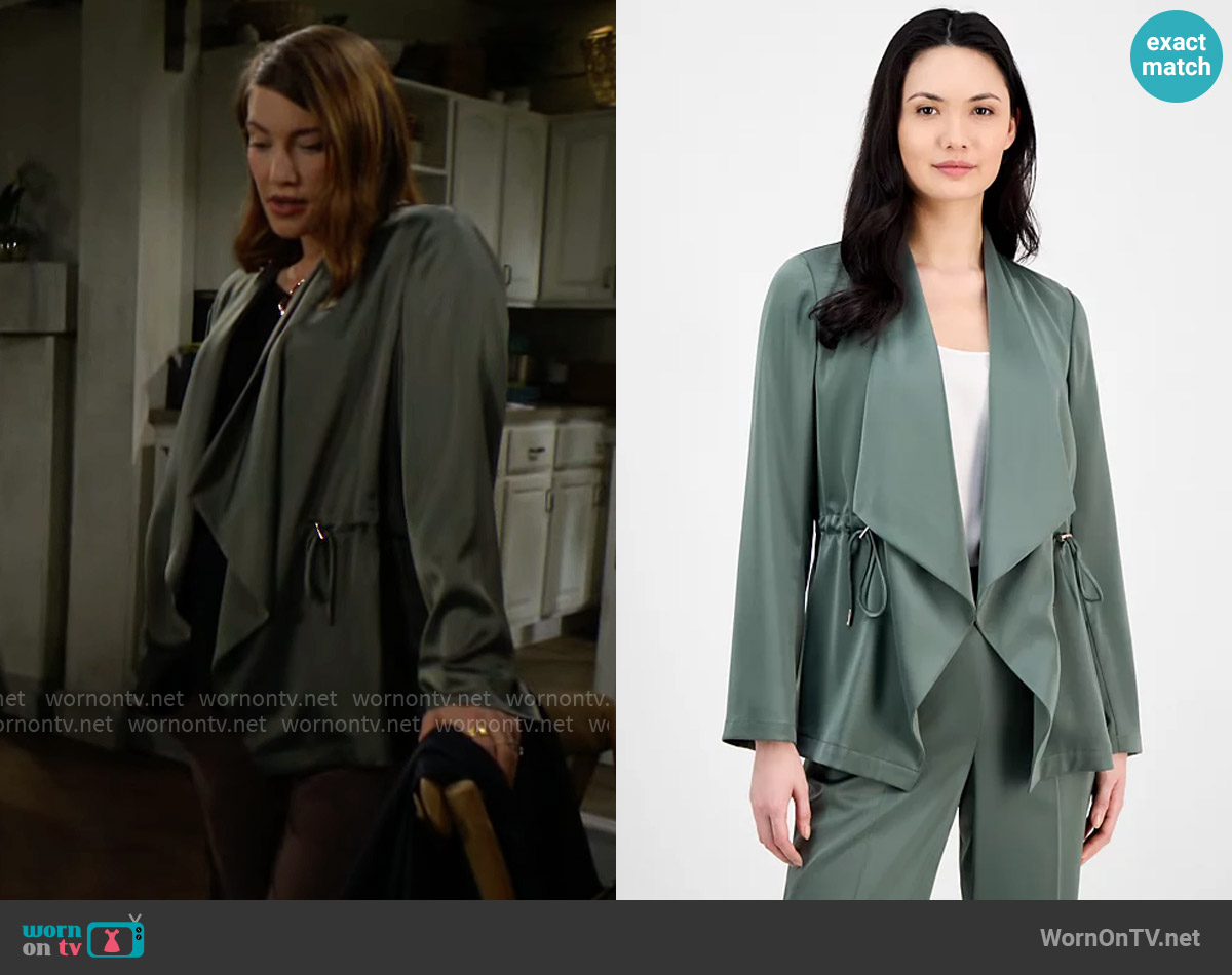 Anne Klein Drape-Front Drawstring-Waist Jacket in Eucalyptus worn by Steffy Forrester (Jacqueline MacInnes Wood) on The Bold and the Beautiful