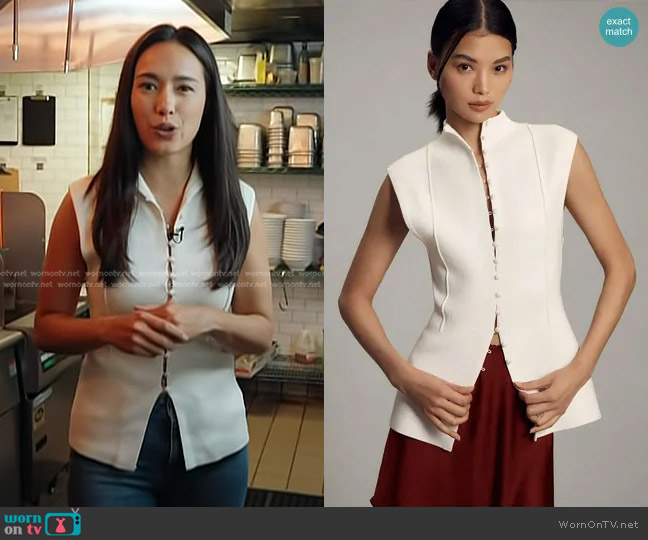 Anthropologie Mock-Neck Sleeveless Cardigan Sweater in Ivory worn by Emilie Ikeda on Today