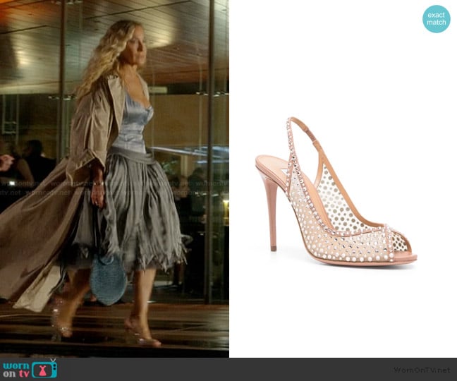 Aquazzura 105mm Crystal Lover sandals worn by Carrie Bradshaw (Sarah Jessica Parker) on And Just Like That