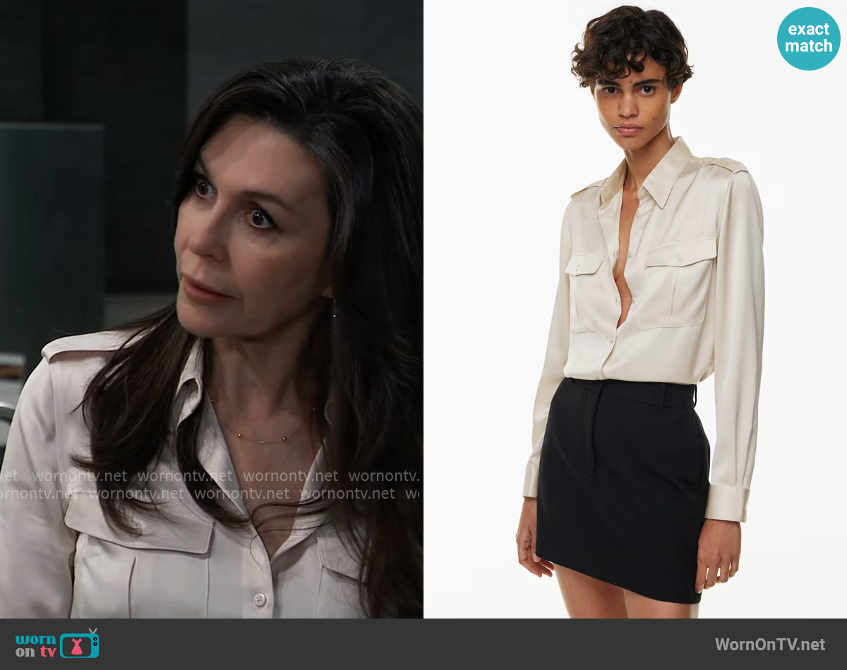Babaton Dividend Satin Shirt in Matte Pearl worn by Anna Devane (Finola Hughes) on General Hospital