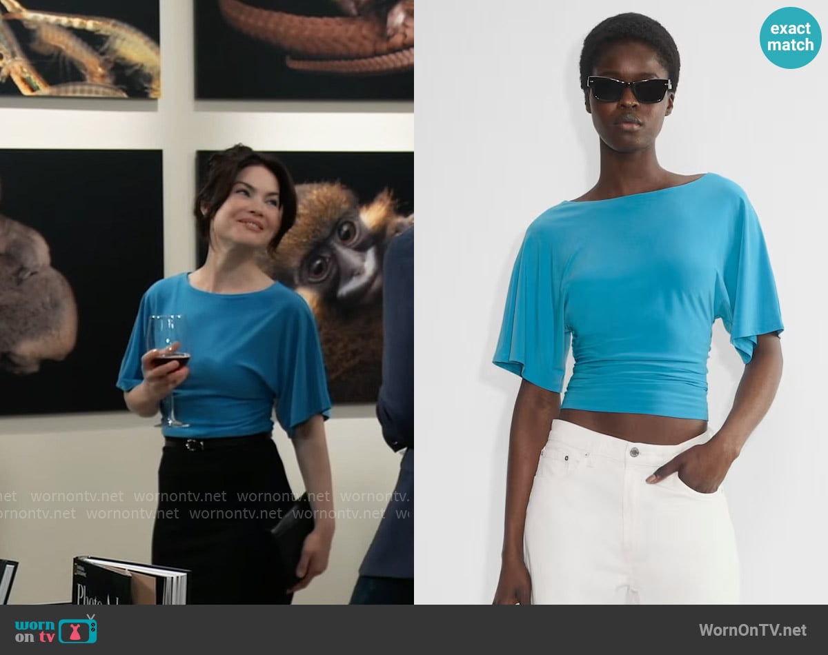 Babaton Wavelength T-shirt in Splash Blue worn by Elizabeth Webber (Rebecca Herbst) on General Hospital