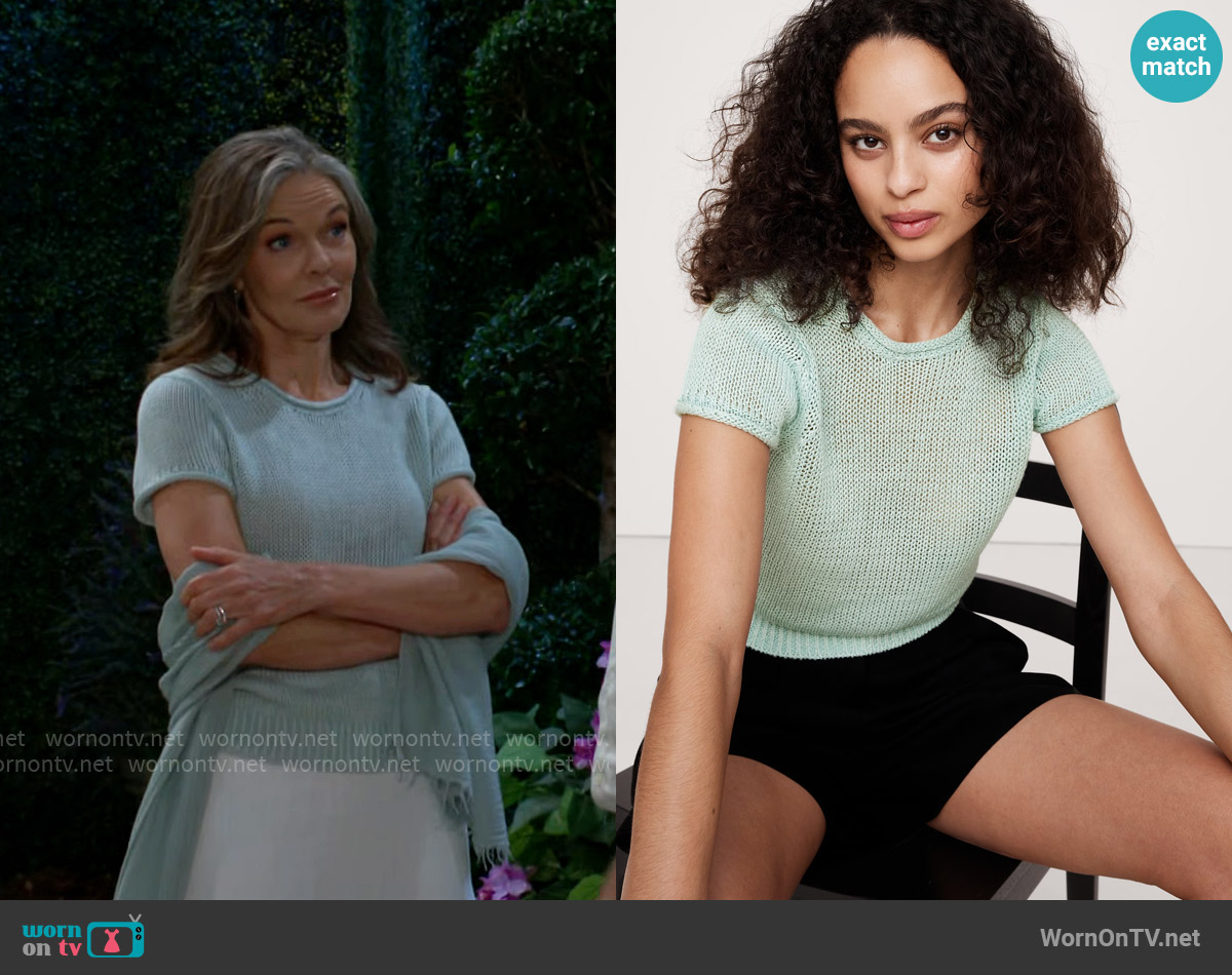 Banana Republic Fitted Linen Short-Sleeve Sweater in Surf Spray Green worn by Diane Jenkins (Susan Walters) on The Young and the Restless