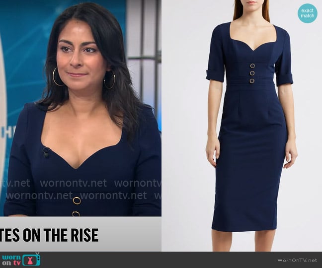 Black Halo Kerry Sheath in Pacific Blue worn by Dr. Celine Gounder on CBS Mornings