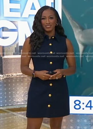 Brittany’s navy sleeveless button front mini dress on Good Morning America
