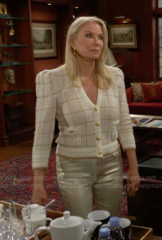 Brooke’s beige checked cardigan and metallic pants on The Bold and the Beautiful