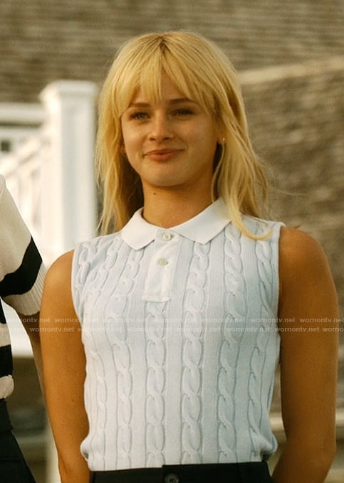 Mirren’s blue cable knit sleeveless top on We Were Liars