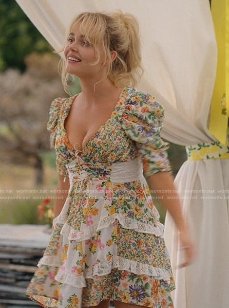Cadence’s floral print ruffle trim mini dress on We Were Liars