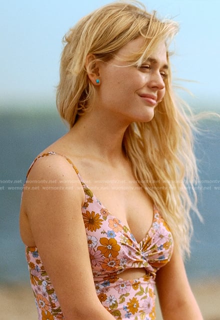 Cadence’s floral print twist front swimsuit and denim shorts on We Were Liars