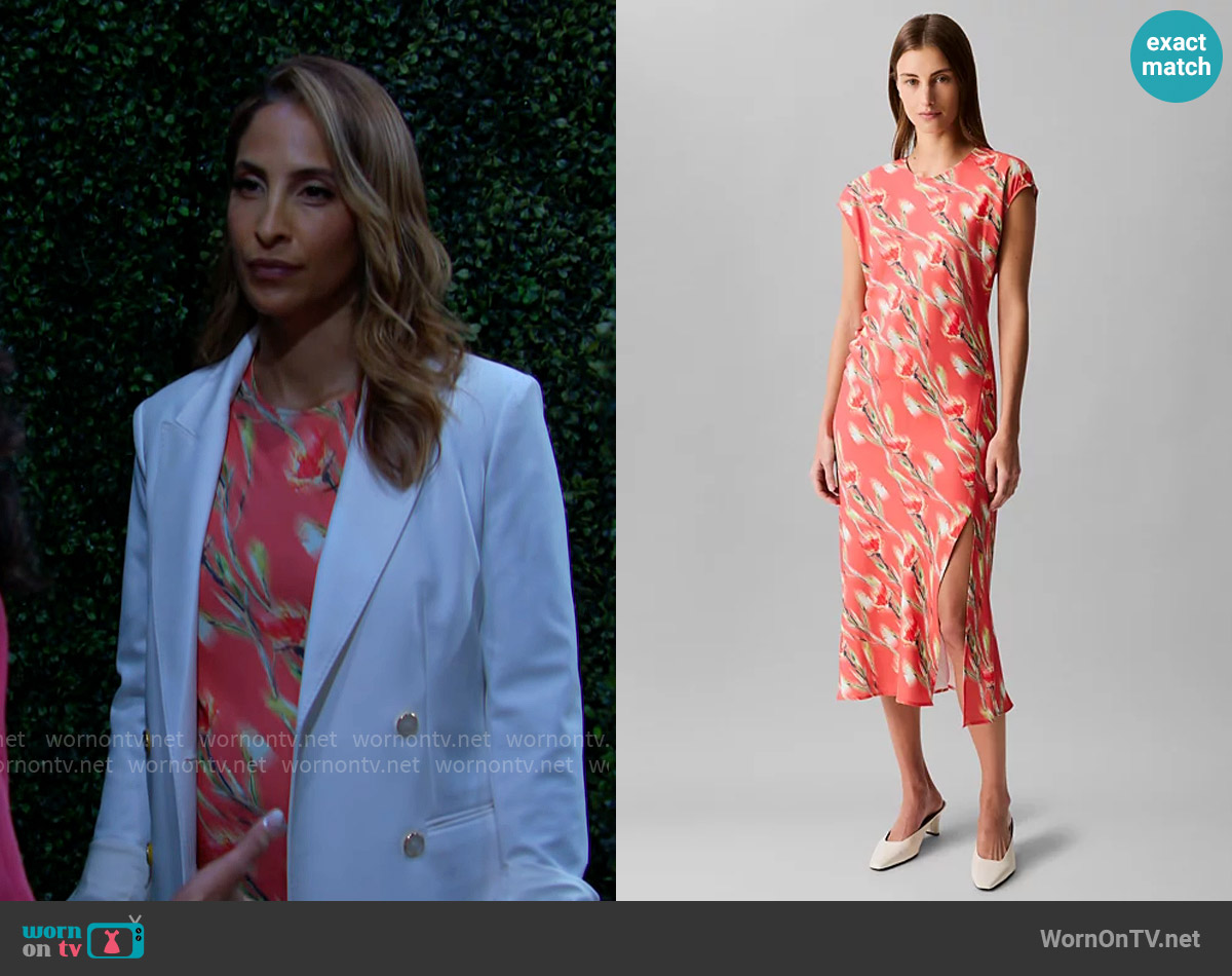 Calvin Klein Cap Sleeve Printed Satin Midi Dress in Orange Floral worn by Lily Winters (Christel Khalil) on The Young and the Restless