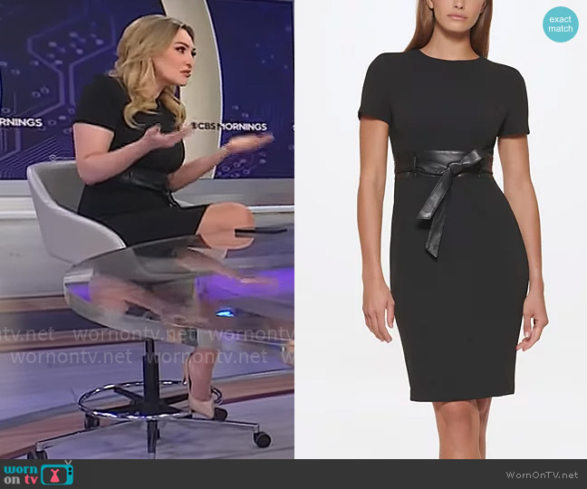 Calvin Klein Solid Faux-Leather Tie-Waist Sheath Dress worn by Kelly O'Grady on CBS Mornings