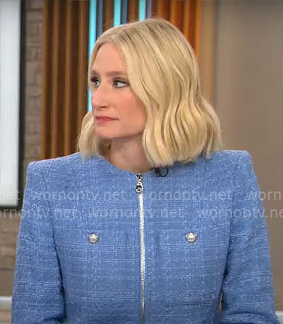 Caroline Polisi’s blue tweed zip up jacket on CBS Mornings