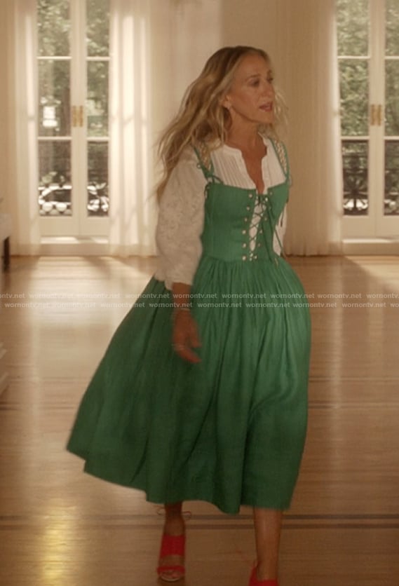 Carrie’s green lace-up dress on And Just Like That