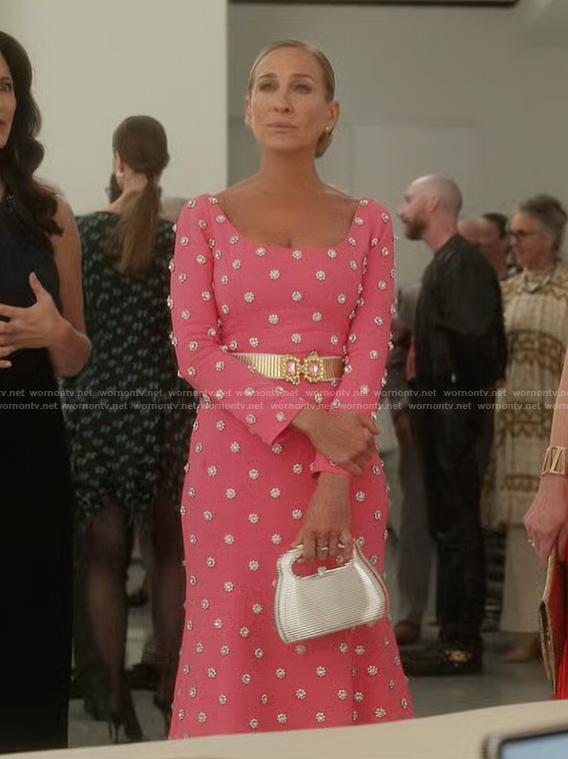Carrie’s pink embellished dress on And Just Like That