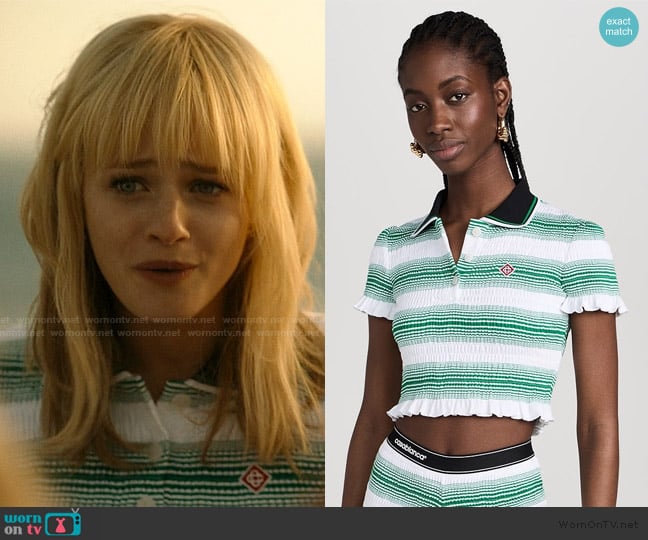 Casablanca Gradient Stripe Shirred Polo Top worn by Mirren Sinclair Sheffield (Esther McGregor) on We Were Liars