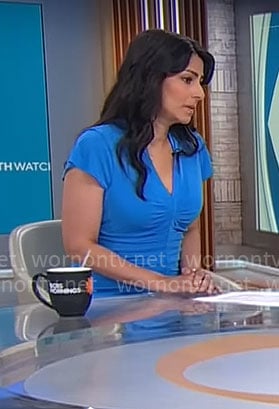 Celine Gounder’s blue ruched front dress on CBS Mornings