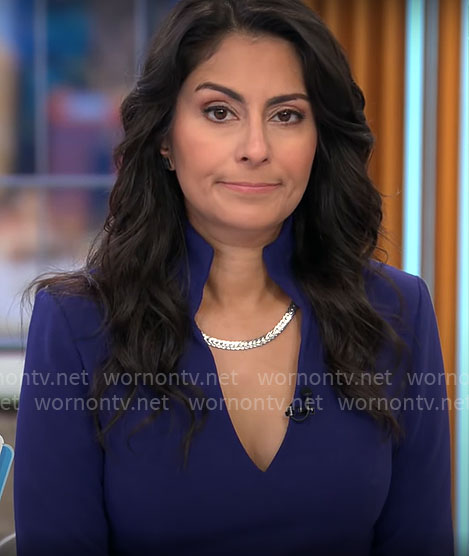 Celine Gounder’s blue split-neck dress on CBS Mornings