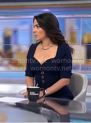 Celine Gounder’s navy button detail dress on CBS Mornings