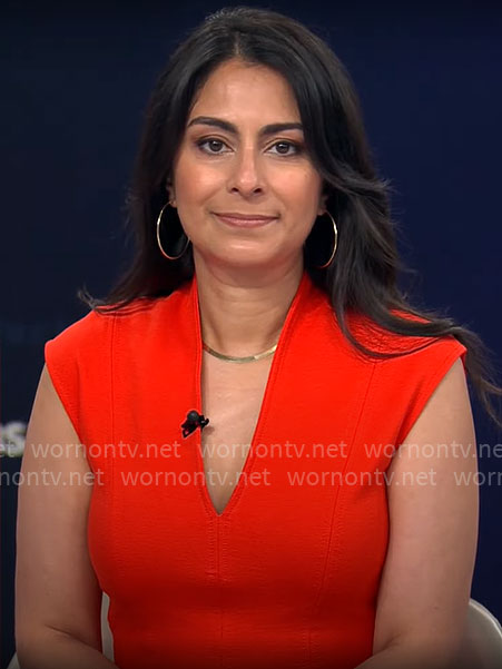 Celine Gounder’s red v-neck dress on CBS Mornings