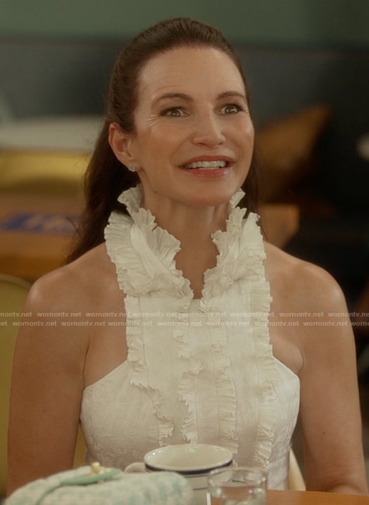Charlotte’s white ruffle front dress on And Just Like That