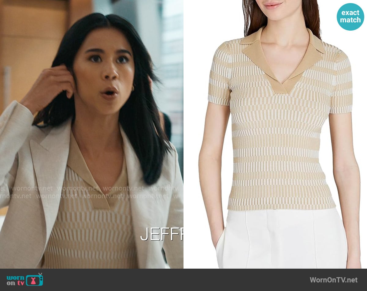 Club Monaco Ribbed Johnny Collar Sweater Tee in Beige Mix worn by Sarah Franklin (Leah Lewis) on Matlock