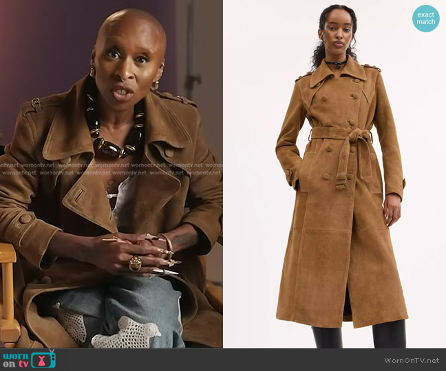 Coach Heritage C Plaque Suede Trench Coat in Cedar worn by Cynthia Erivo on Today