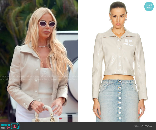 Courrèges Reedition Vinyl Jacket in Mastic Grey worn by Alexia Echevarria (Alexia Echevarria) on The Real Housewives of Miami