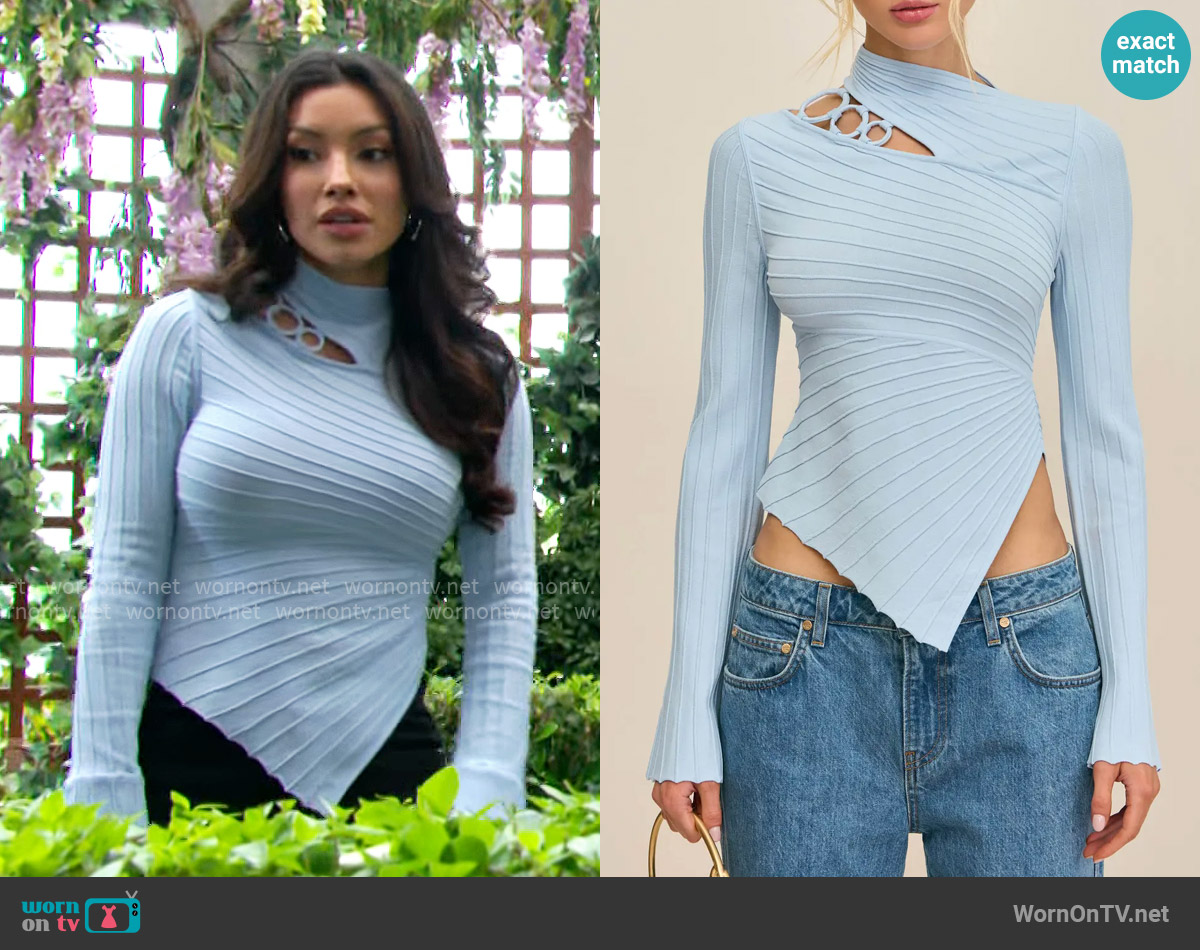 Cult Gaia Tayla Top in Coastal worn by Audra Charles (Zuleyka Silver) on The Young and the Restless