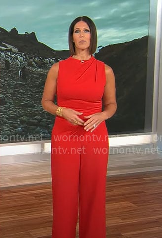 Dana Jacobson’s red sleeveless jumpsuit on CBS Mornings