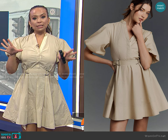 Derek Lam 10 Crosby Short-Sleeve Cotton Mini Shirt Dress in Sand worn by Adelle Caballero on Today