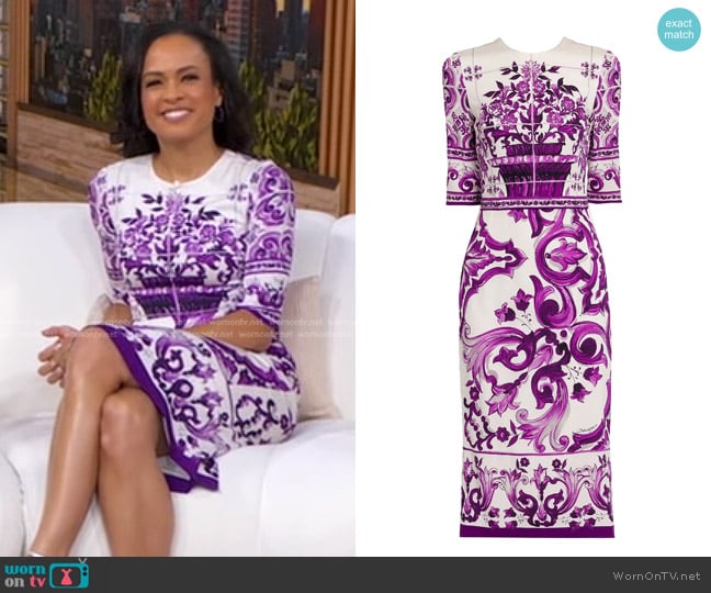 Dolce & Gabbana Majolica Print Silk Midi-Dress in Mix Maiolica Viola worn by Linsey Davis on Good Morning America