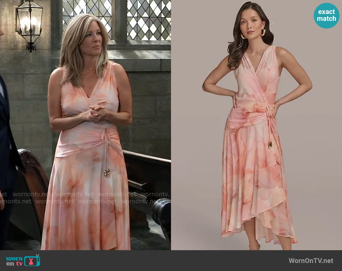 Donna Karan Printed Ruched A-Line Dress in Apricot worn by Carly Spencer (Laura Wright) on General Hospital
