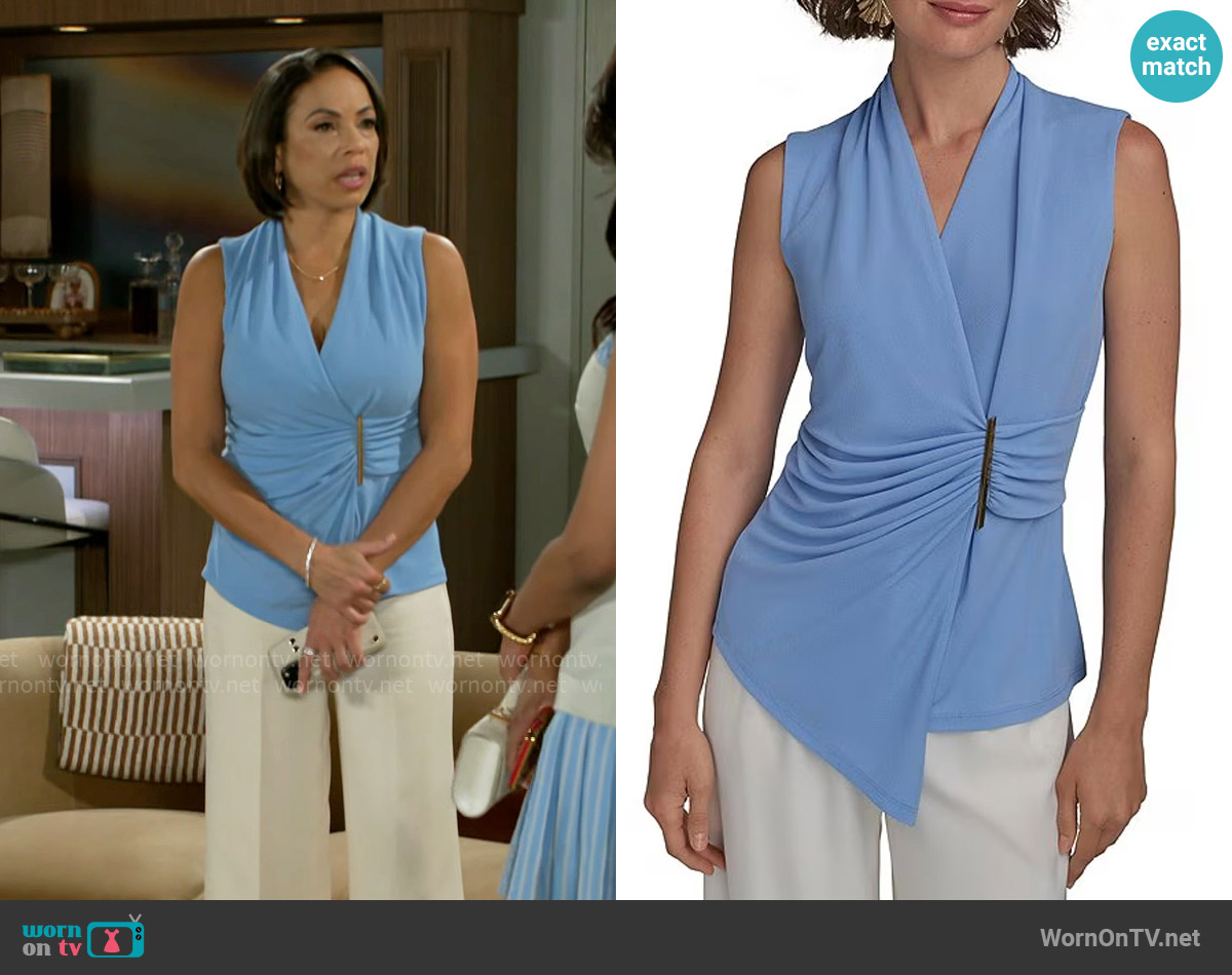 Donna Karan V-Neck Sleeveless Faux Wrap Top in Cielo worn by Nicole Dupree Richardson (Daphnee Duplaix) on Beyond the Gates