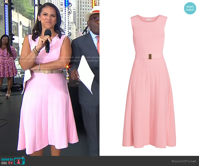 Elie Tahari The Sumner Belted Knit Fit & Flare Midi-Sweaterdress in Pink Sky worn by Laura Jarrett on Today