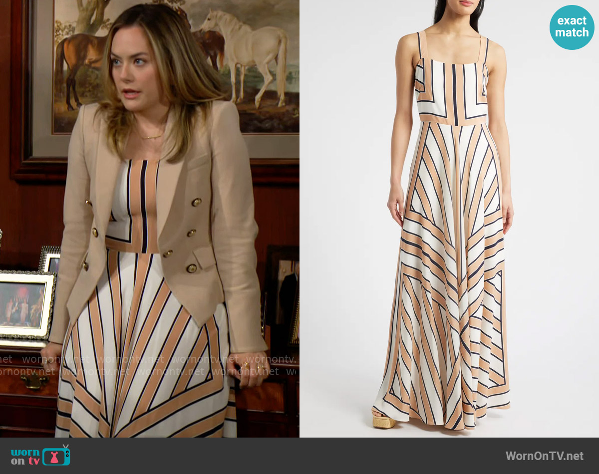 Eliza J Stripe Scarf Sleeveless Maxi Dress in Khaki White worn by Hope Logan (Annika Noelle) on The Bold and the Beautiful