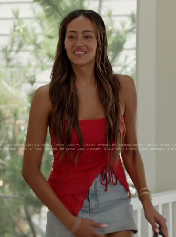 Emira’s red strapless asymmetric top on Next Gen NYC