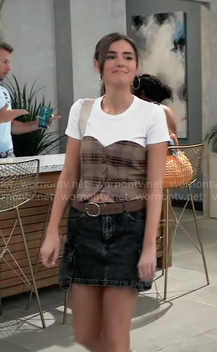 Emma’s plaid bustier top and black denim skirt on General Hospital