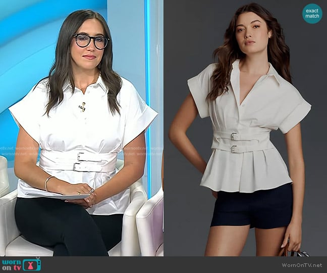Exquise The Tobie Pleated Blouse Double-Buckle Edition in White worn by Savannah Sellers on Today