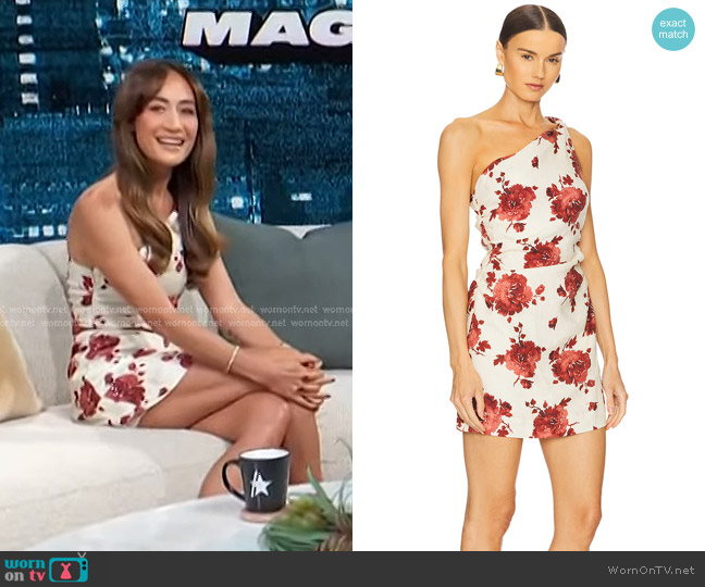 Faithfull The Brand Marga Mini Dress in Cecile Floral & Garnet worn by Maggie Q on Access Hollywood