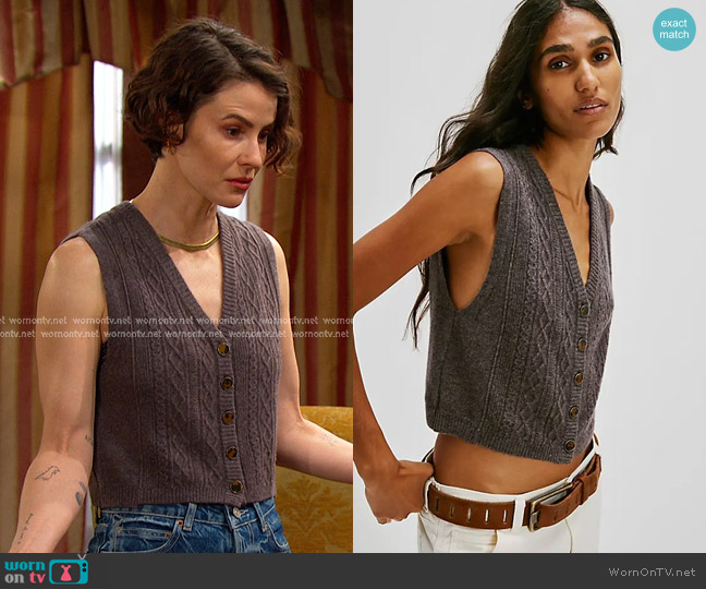 Free People Beatrice Cashmere Vest in plum truffle worn by Sarah Horton (Linsey Godfrey) on Days of our Lives