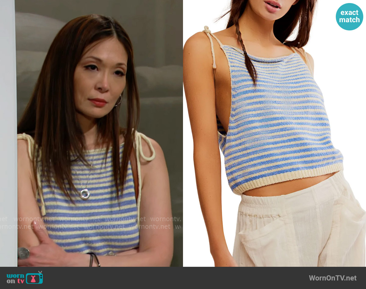 Free People Claire Stripe Knit Crop Camisole in Granada Sky Combo worn by Penelope Poppy Nozawa (Romy Park) on The Bold and the Beautiful