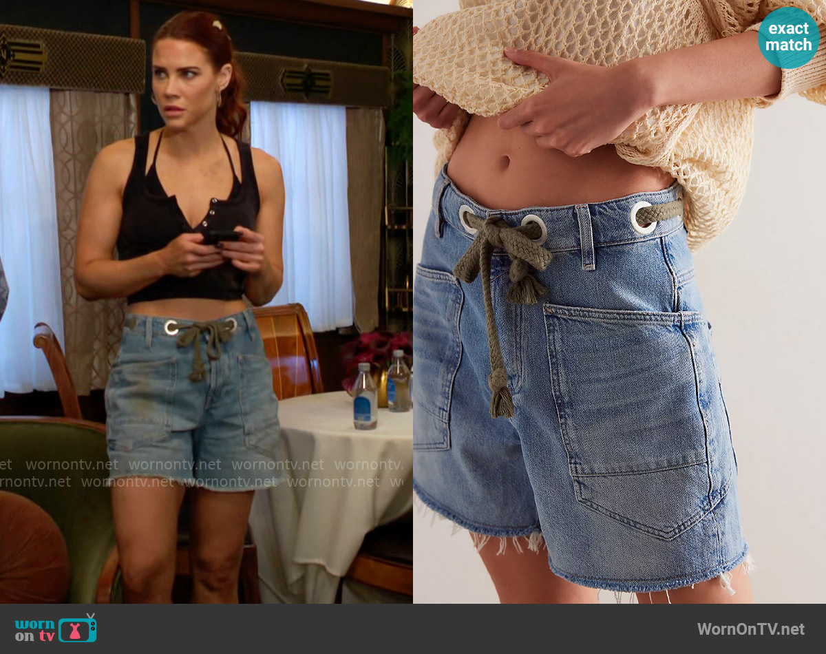 Free People Moxie Barrel Shorts in Truest Blue worn by Sally Spectra (Courtney Hope) on The Young and the Restless