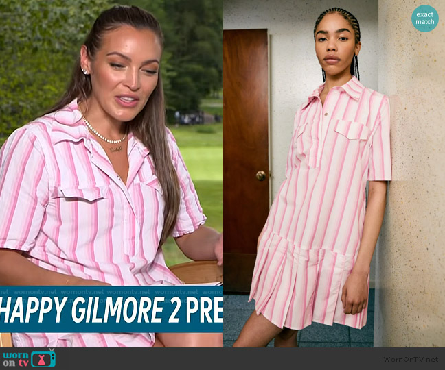 Ganni x RTR Pleated Mini Shirt Dress worn by Emily Orozco on Access Hollywood