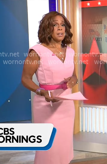 Gayle King’s pink v-neck dress on CBS Mornings