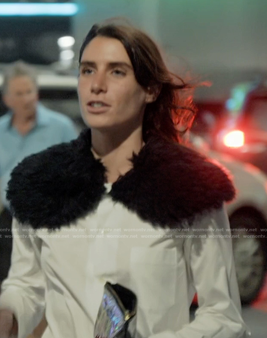 Georgia’s white shearling shoulder blouse on Next Gen NYC