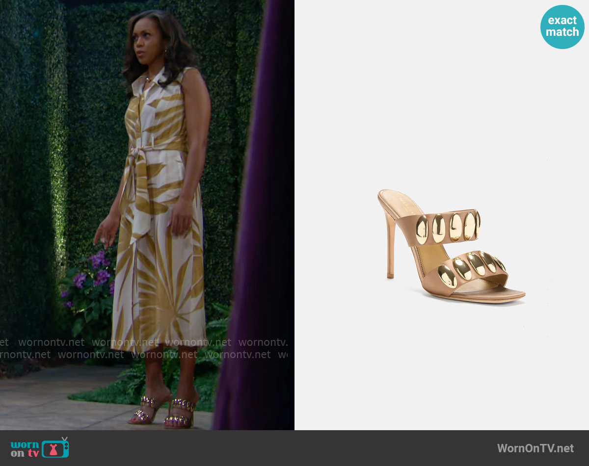 Guess Myra Button Mule worn by Amanda Sinclair (Mishael Morgan) on The Young and the Restless